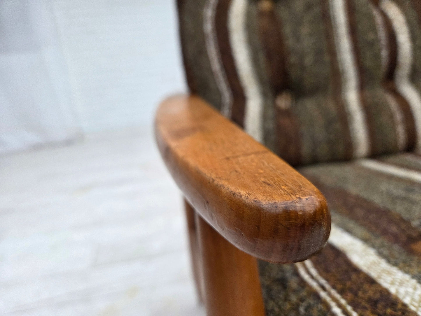 1970s, Danish armchair, beech wood, furniture wool fabric.