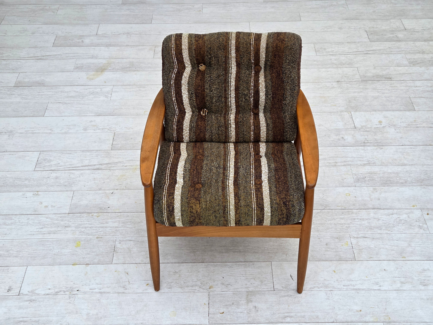 1970s, Danish armchair, beech wood, furniture wool fabric.