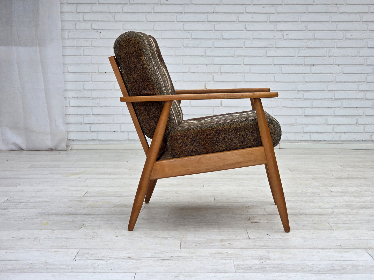 1970s, Danish armchair, beech wood, furniture wool fabric.