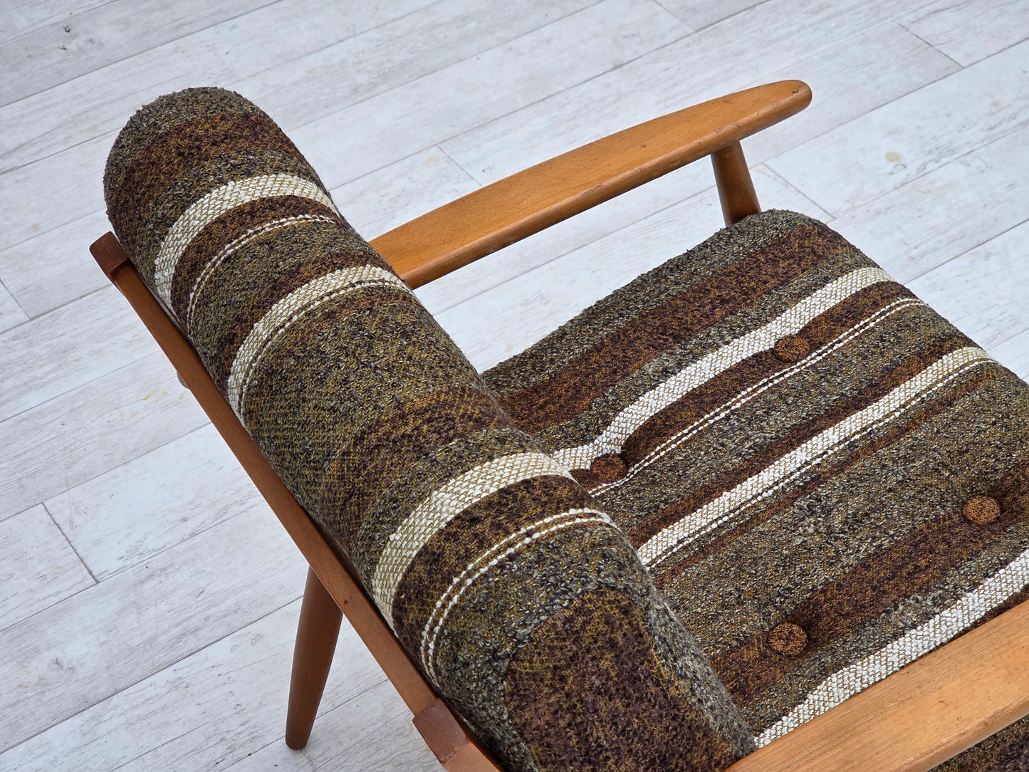 1970s, Danish armchair, beech wood, furniture wool fabric.