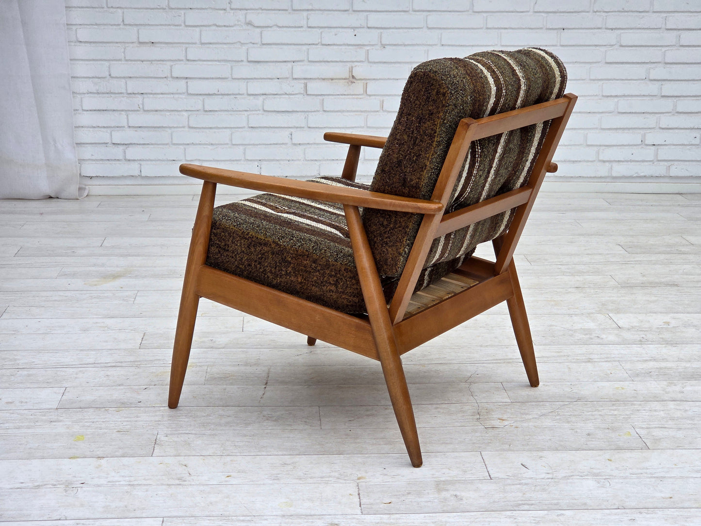 1970s, Danish armchair, beech wood, furniture wool fabric.