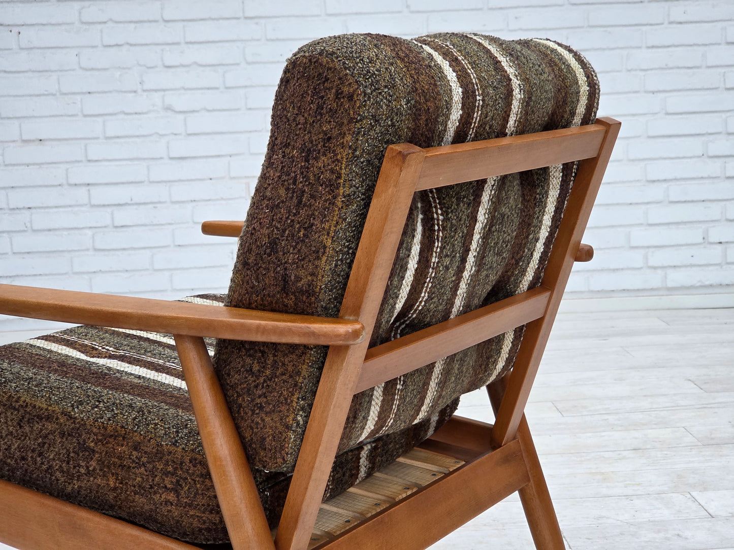 1970s, Danish armchair, beech wood, furniture wool fabric.