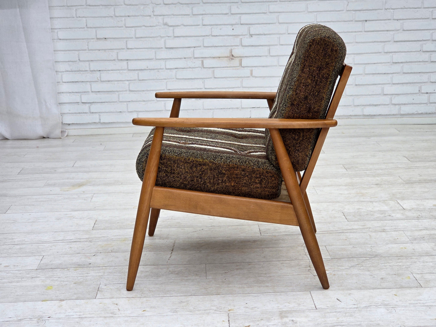1970s, Danish armchair, beech wood, furniture wool fabric.