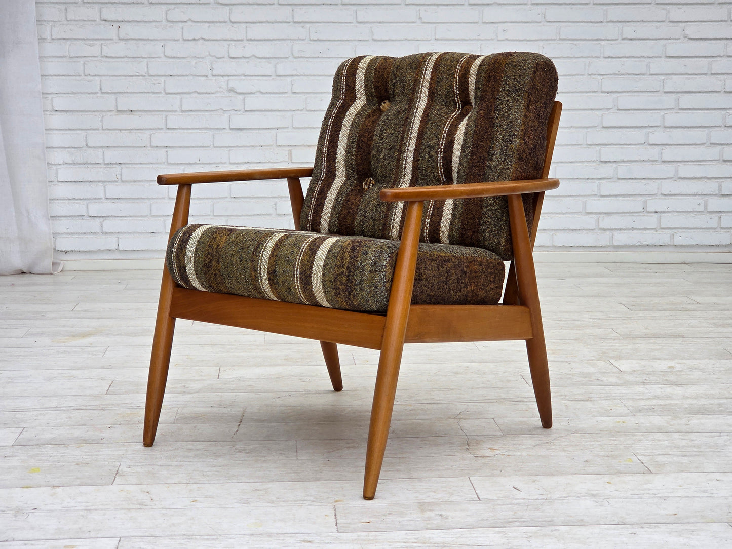 1970s, Danish armchair, beech wood, furniture wool fabric.