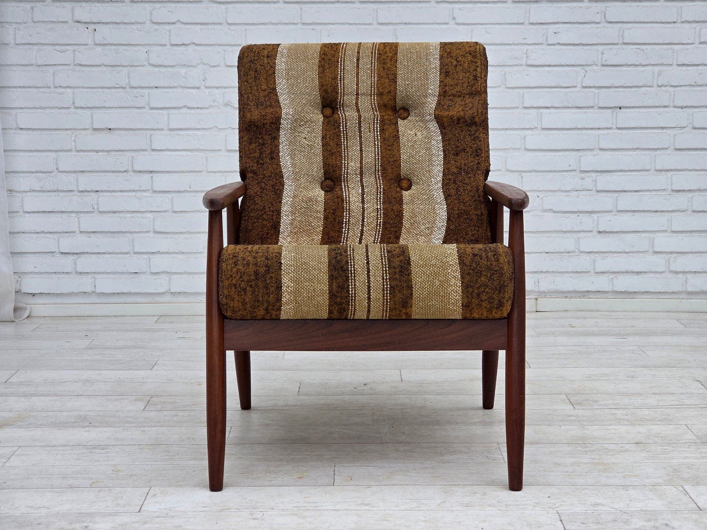 1970s, Danish armchair, teak wood, furniture wool fabric.