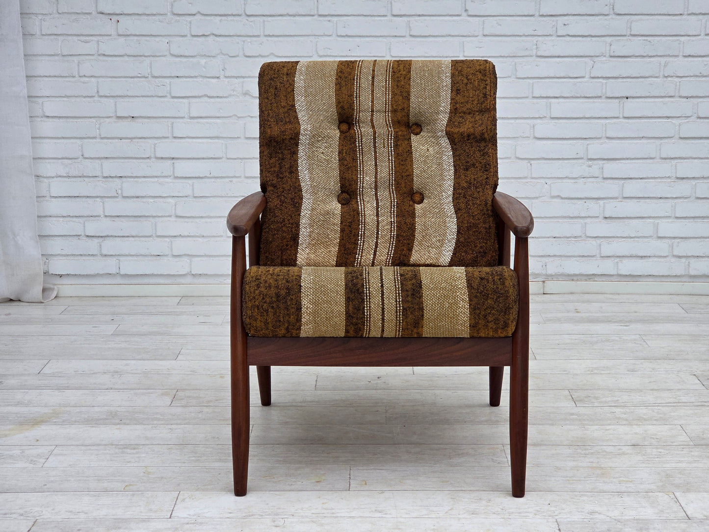 1970s, Danish armchair, teak wood, furniture wool fabric.