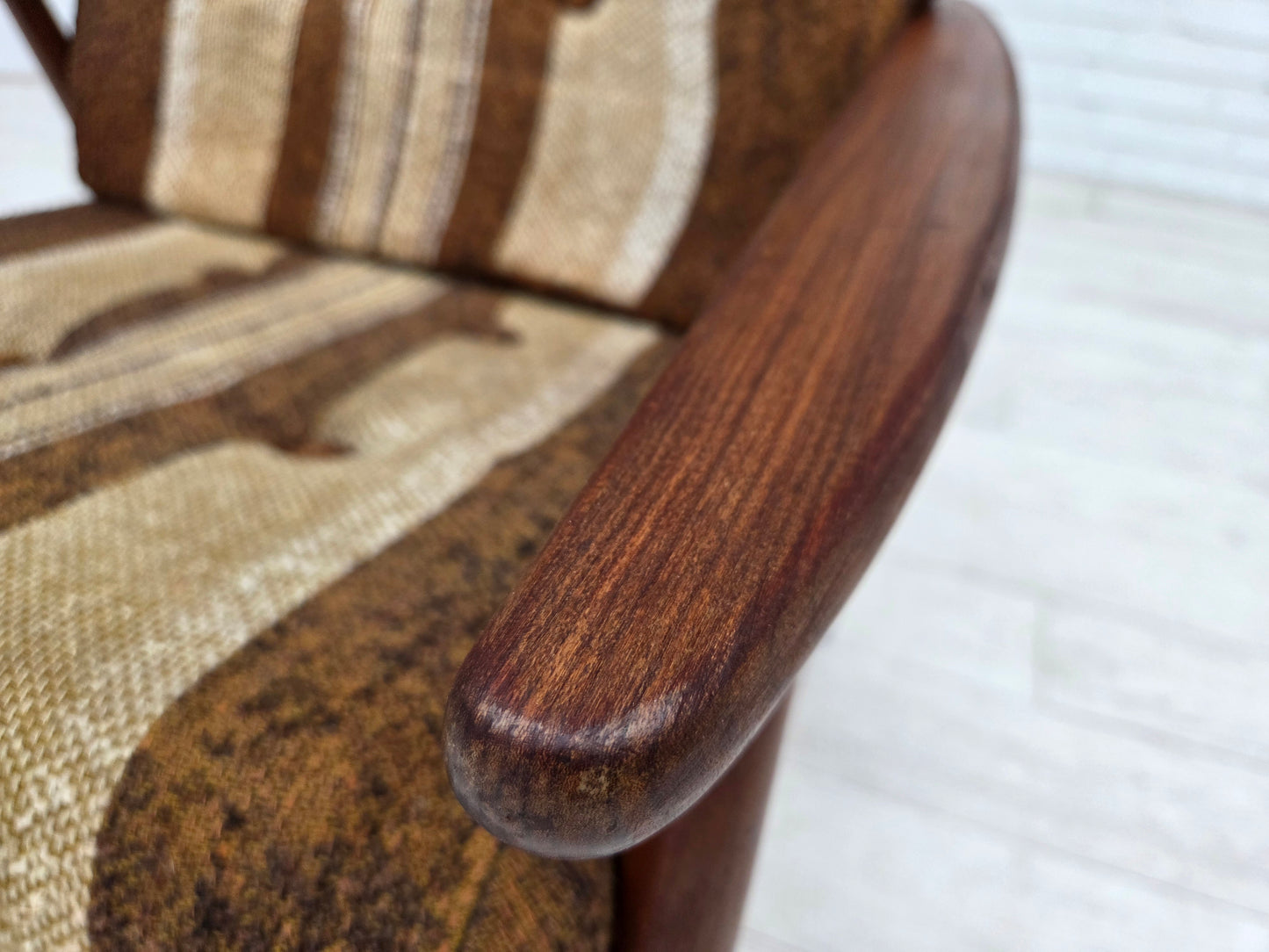 1970s, Danish armchair, teak wood, furniture wool fabric.