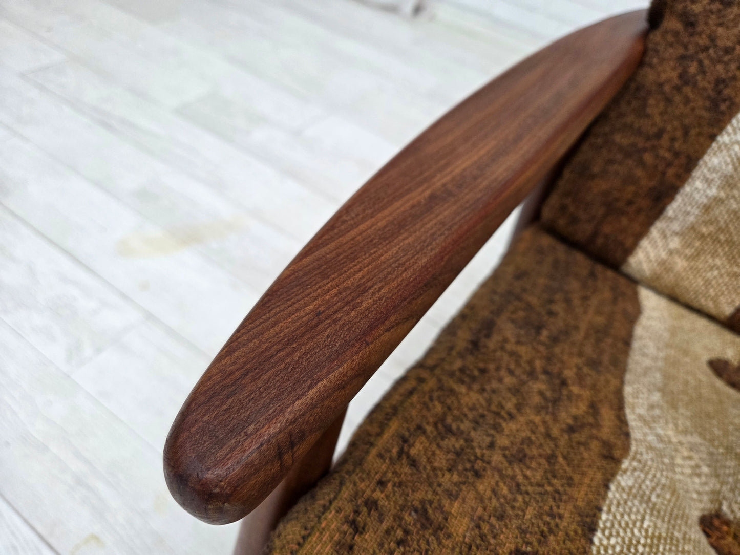 1970s, Danish armchair, teak wood, furniture wool fabric.