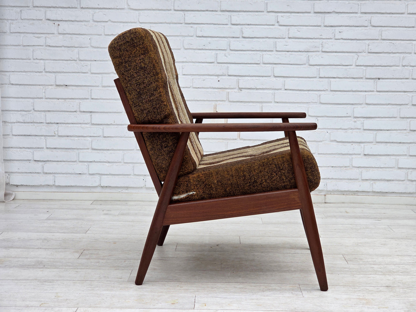 1970s, Danish armchair, teak wood, furniture wool fabric.