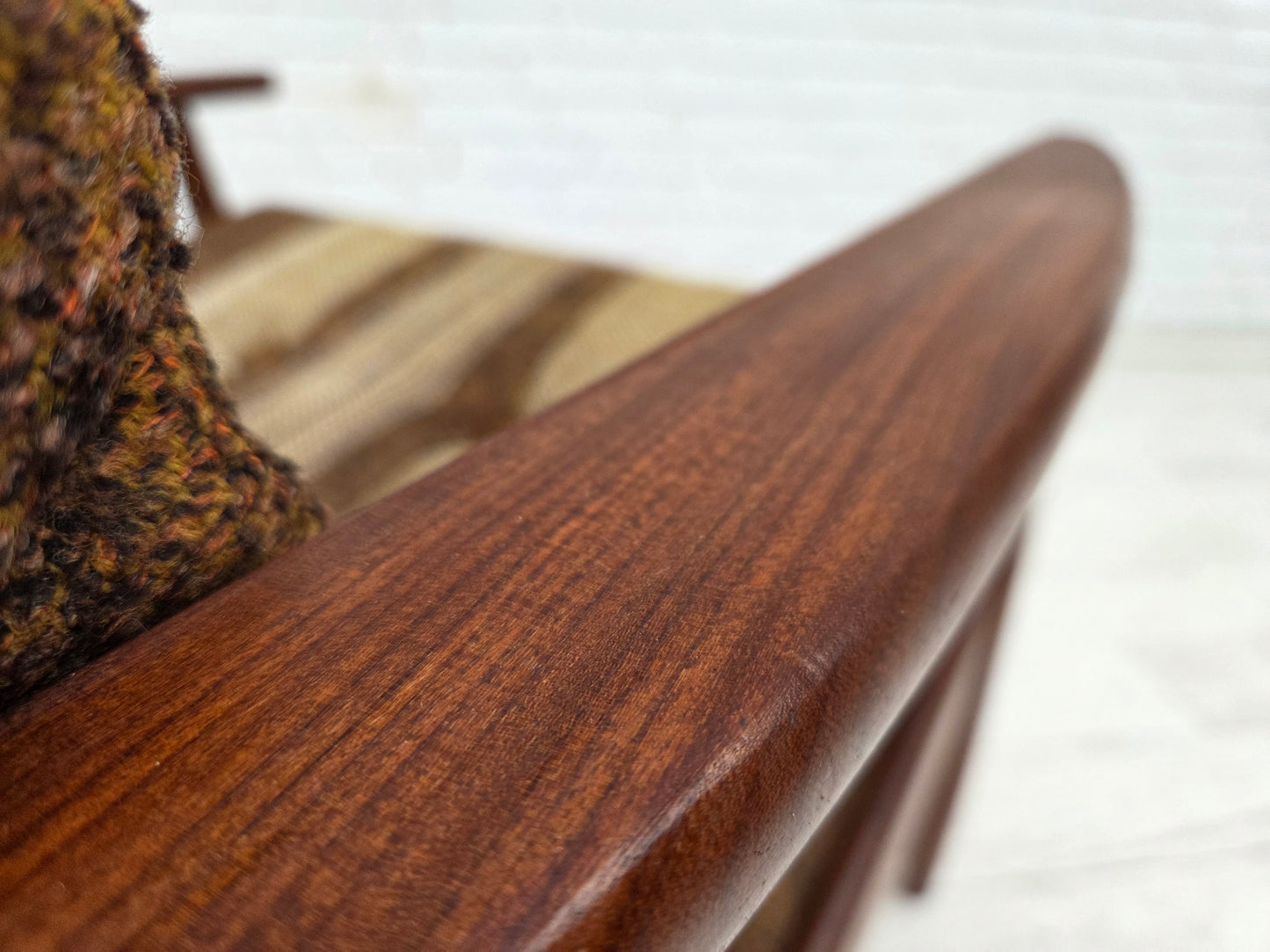 1970s, Danish armchair, teak wood, furniture wool fabric.