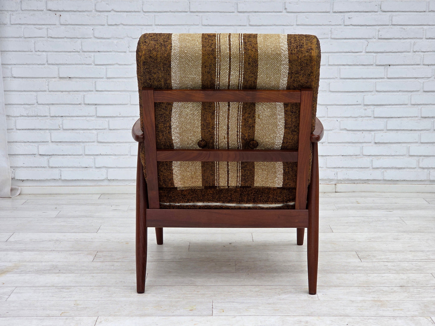 1970s, Danish armchair, teak wood, furniture wool fabric.