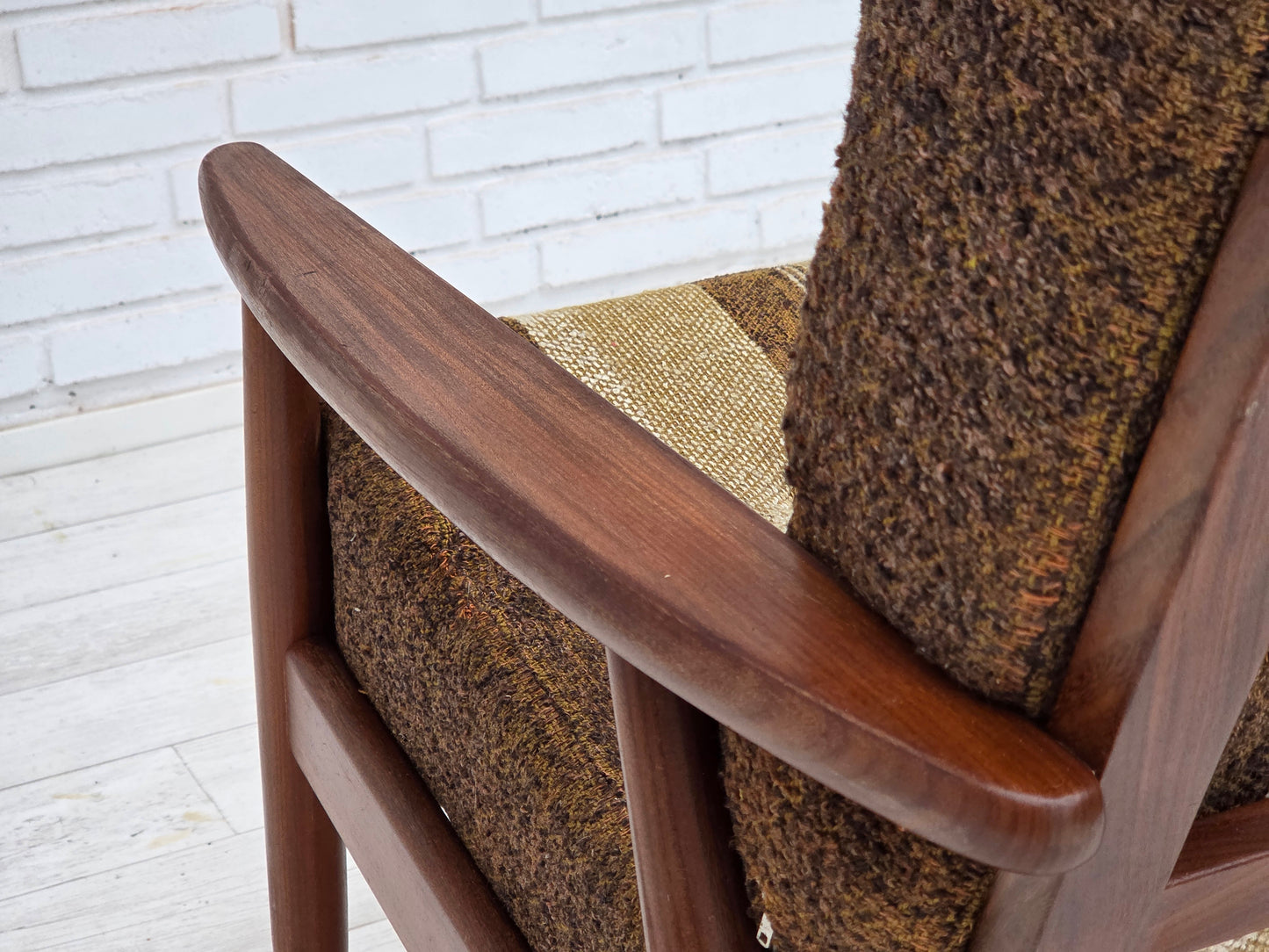 1970s, Danish armchair, teak wood, furniture wool fabric.
