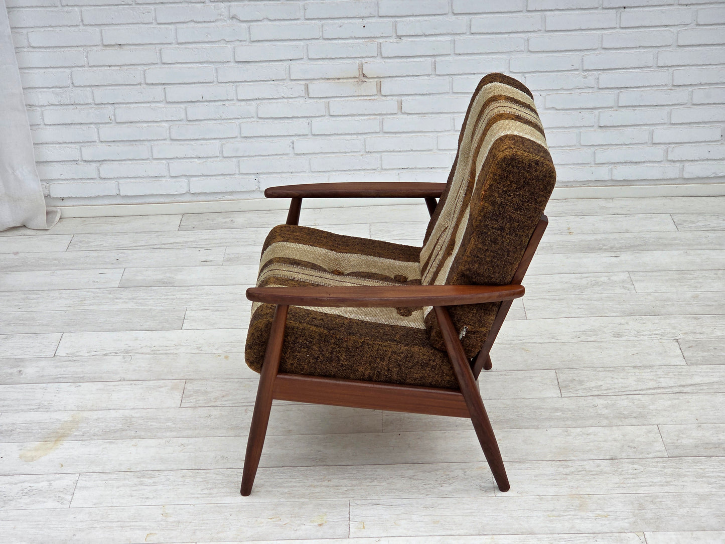 1970s, Danish armchair, teak wood, furniture wool fabric.