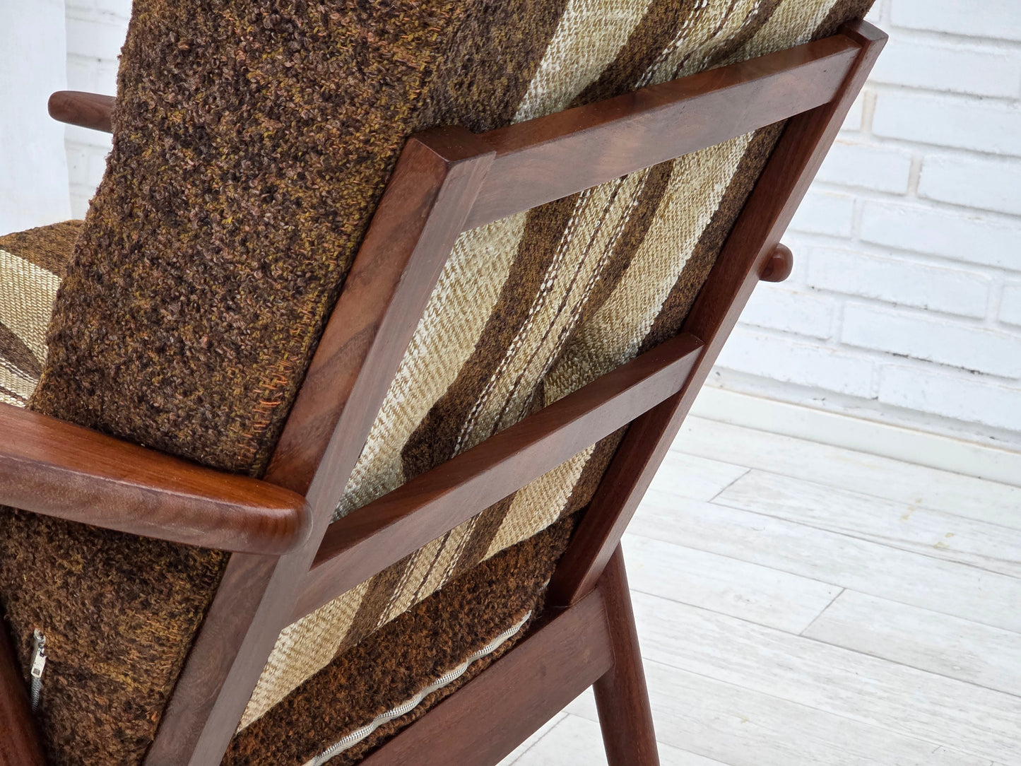 1970s, Danish armchair, teak wood, furniture wool fabric.