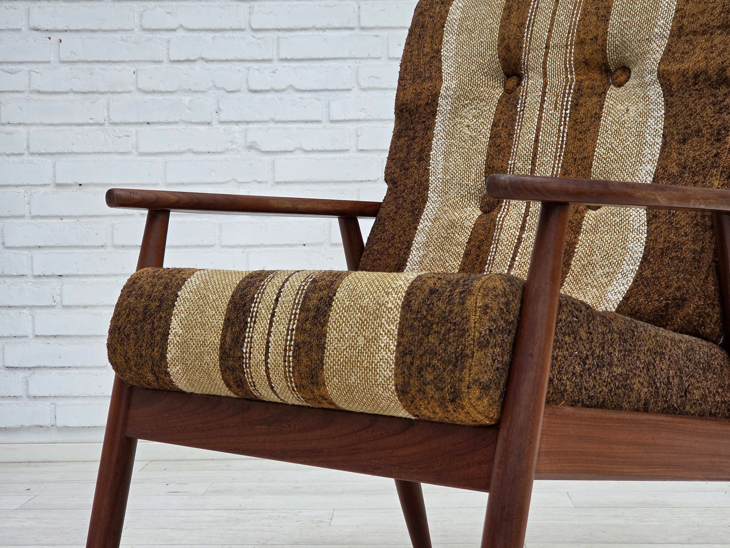 1970s, Danish armchair, teak wood, furniture wool fabric.