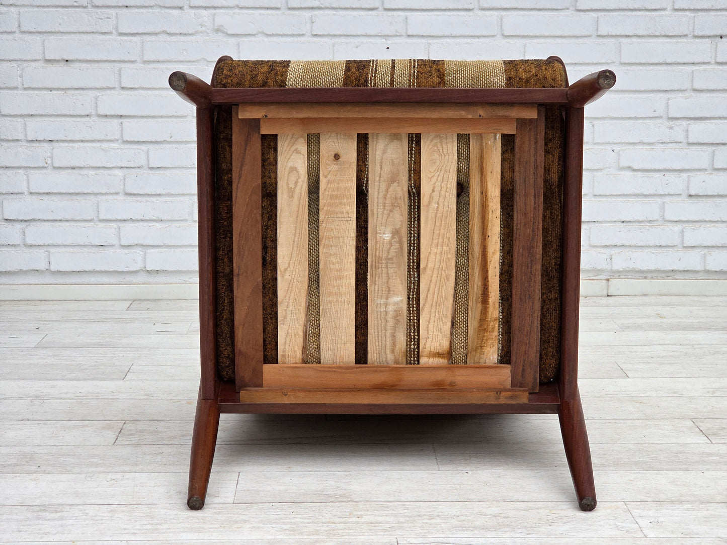 1970s, Danish armchair, teak wood, furniture wool fabric.