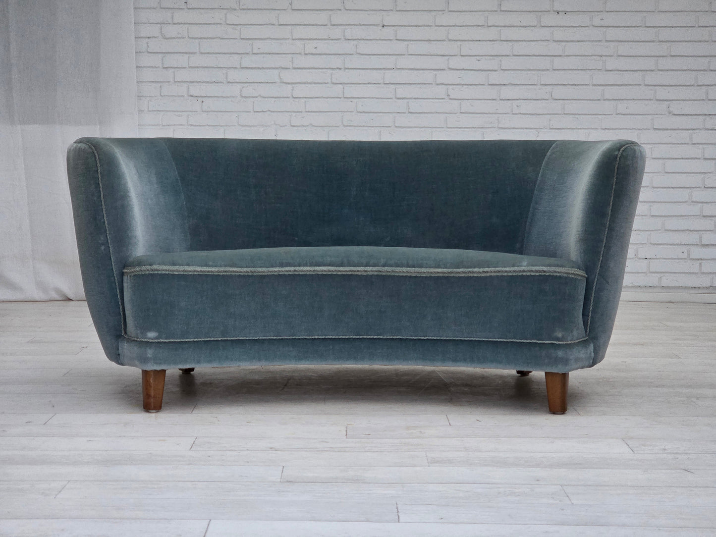 1970s, Danish 2-seater curved sofa, blue furniture velour.