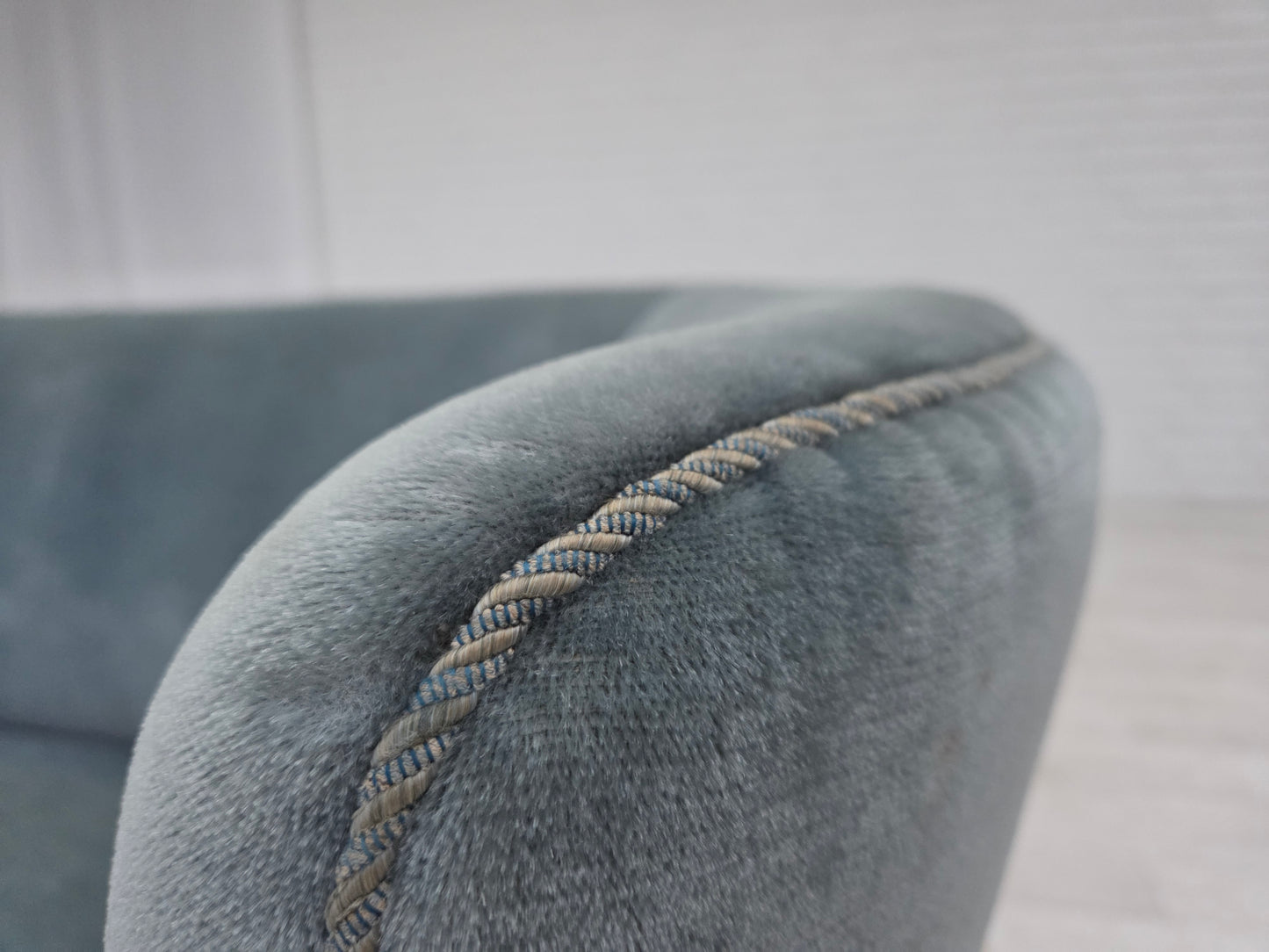 1970s, Danish 2-seater curved sofa, blue furniture velour.