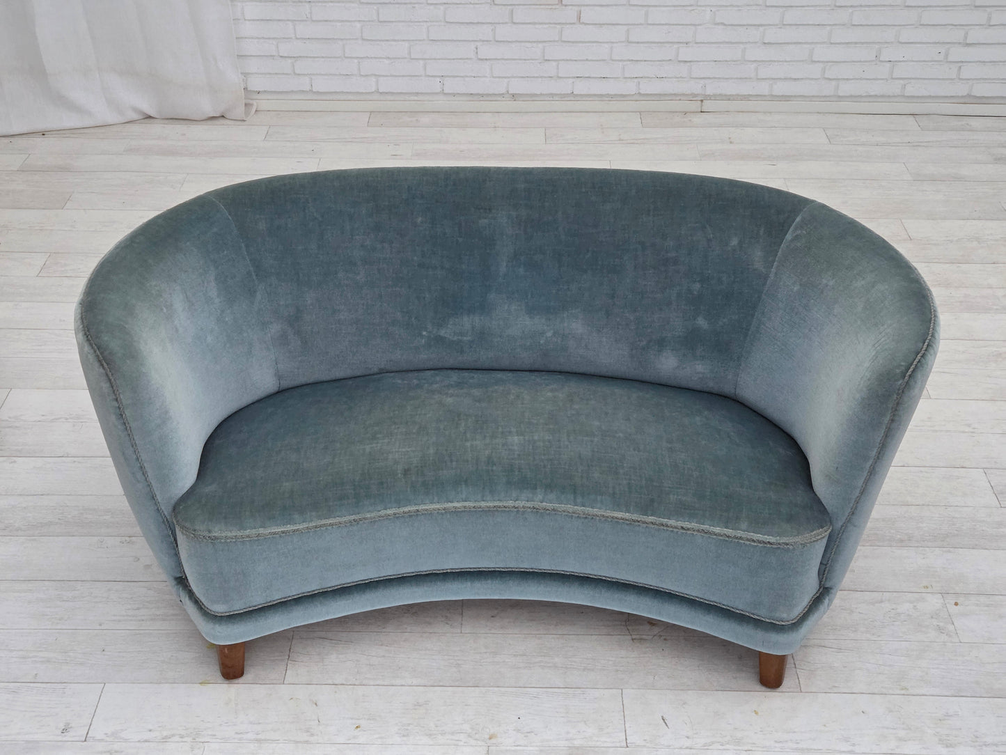 1970s, Danish 2-seater curved sofa, blue furniture velour.