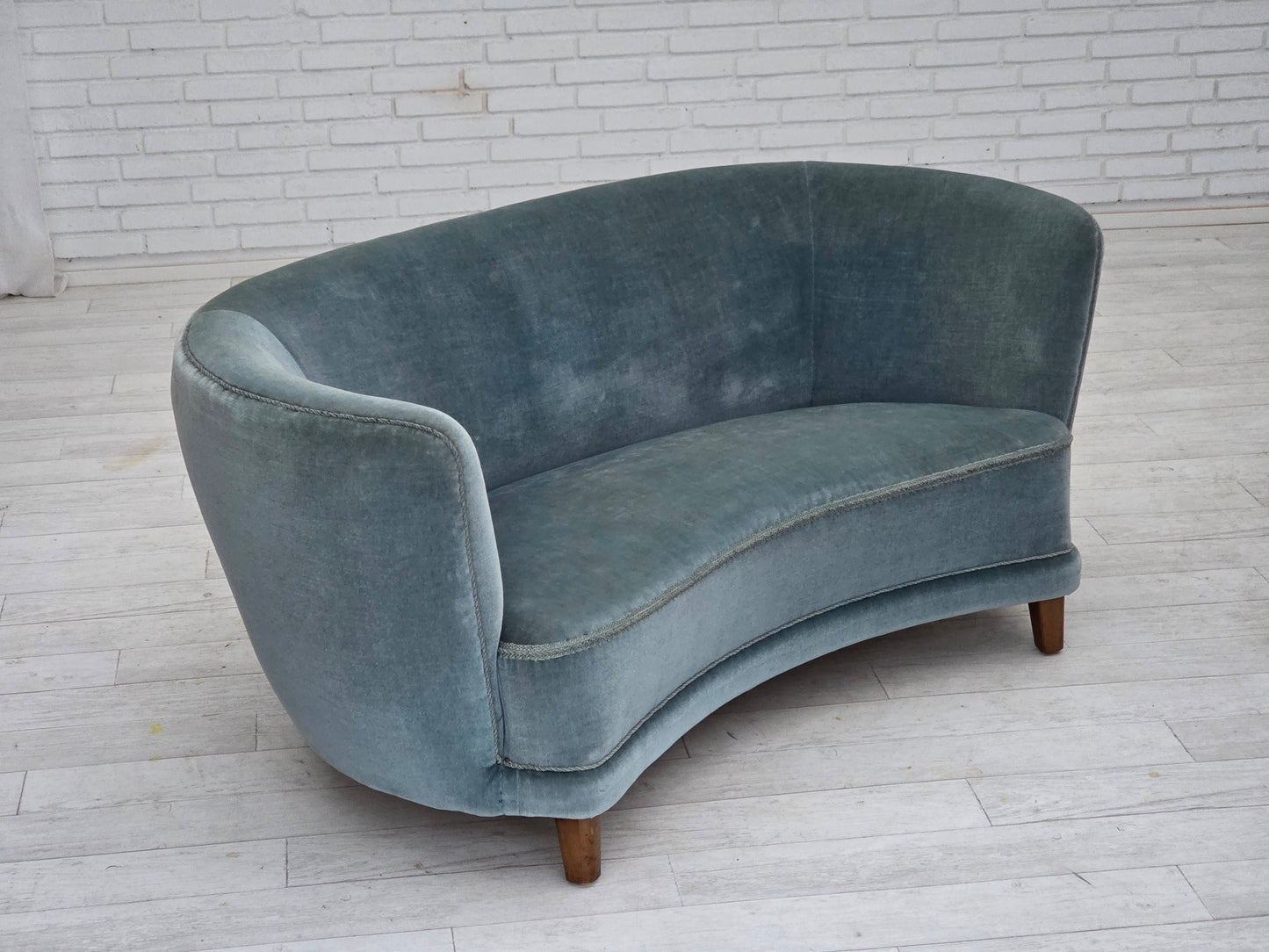 1970s, Danish 2-seater curved sofa, blue furniture velour.