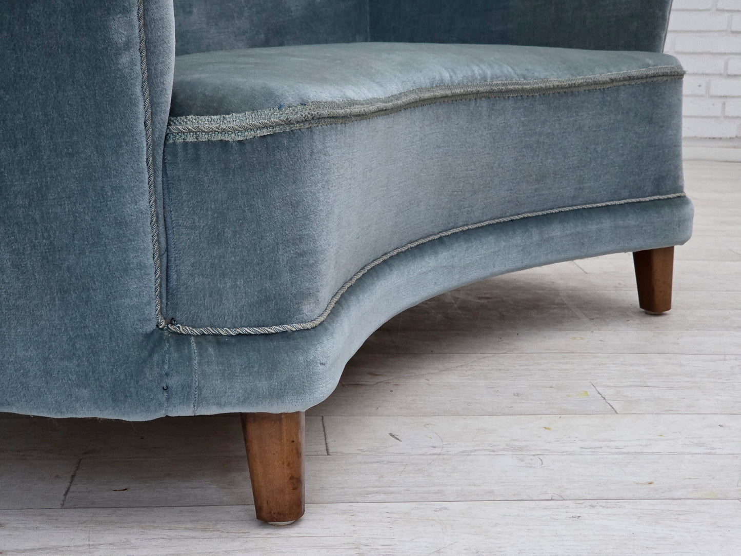 1970s, Danish 2-seater curved sofa, blue furniture velour.