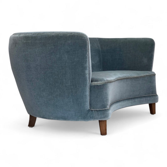 1970s, Danish 2-seater curved sofa, blue furniture velour.