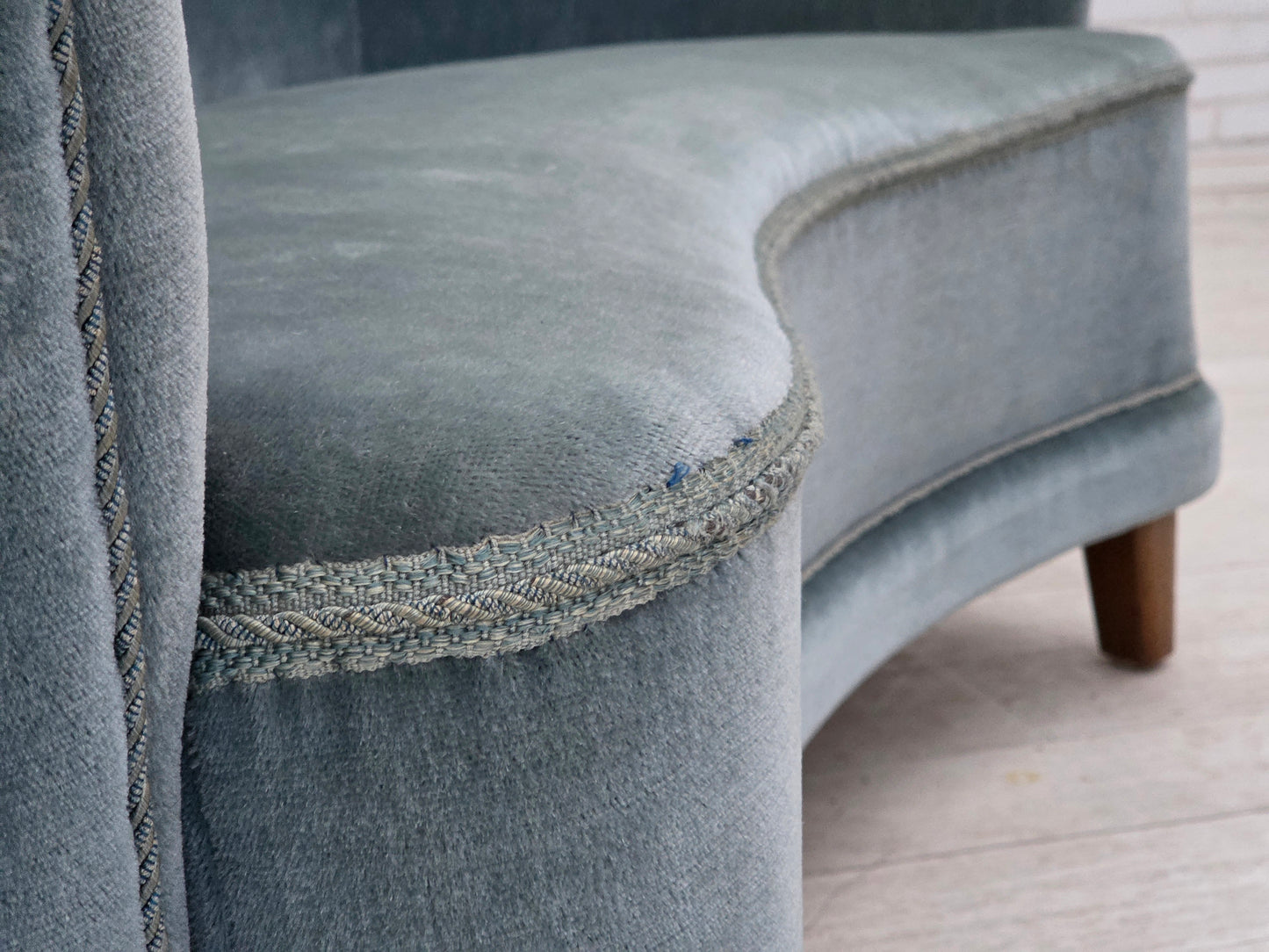 1970s, Danish 2-seater curved sofa, blue furniture velour.