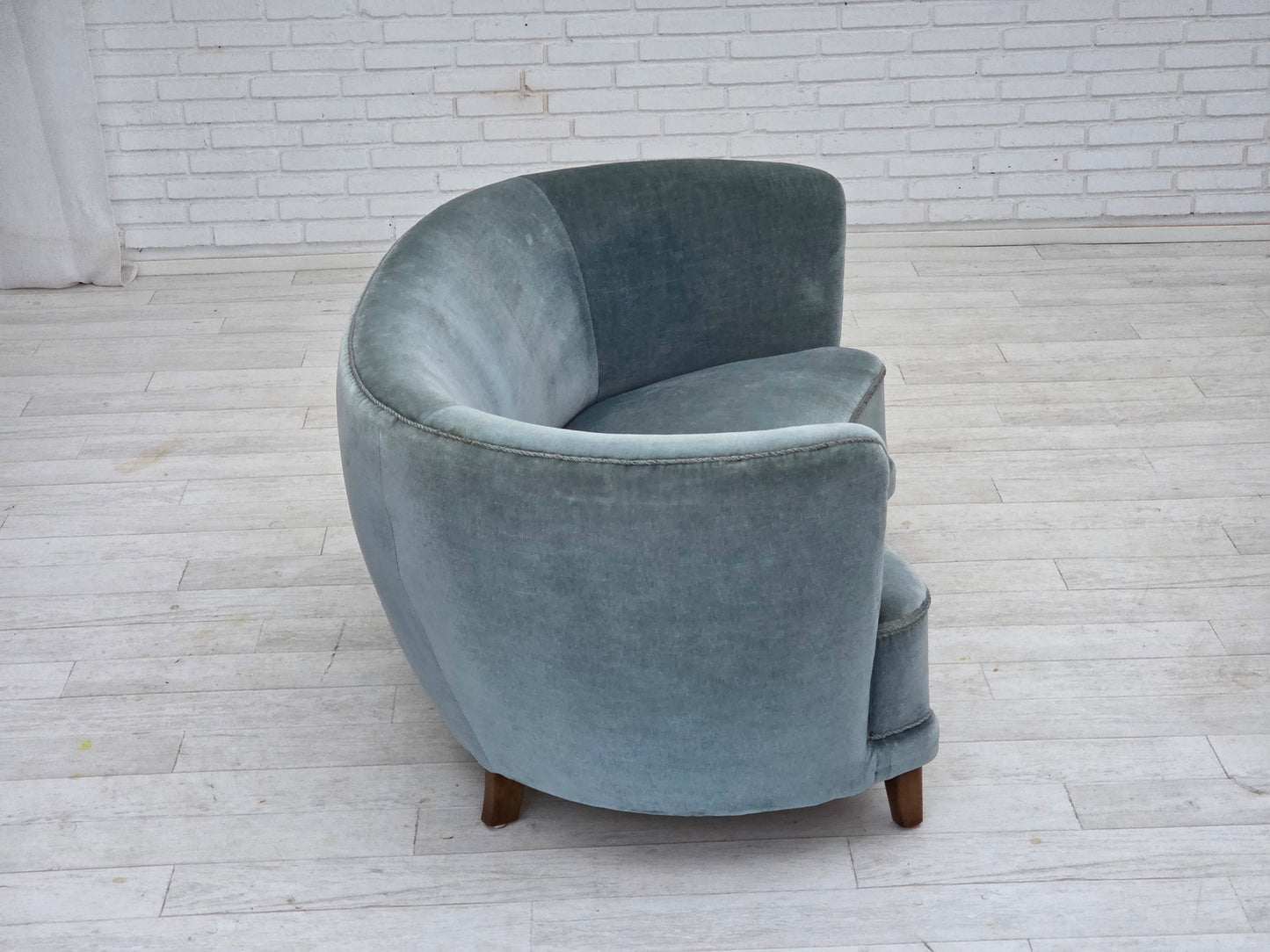 1970s, Danish 2-seater curved sofa, blue furniture velour.