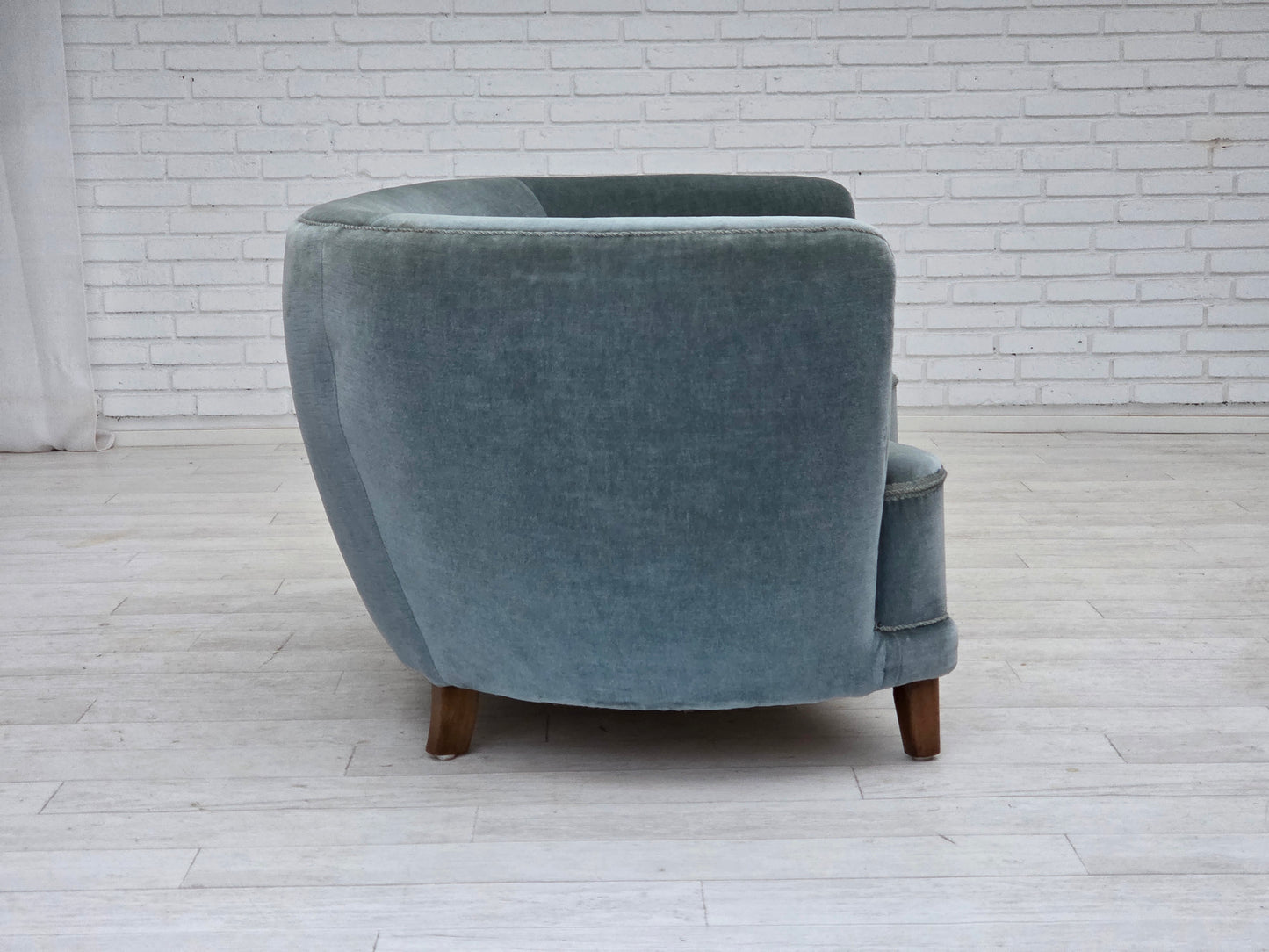 1970s, Danish 2-seater curved sofa, blue furniture velour.