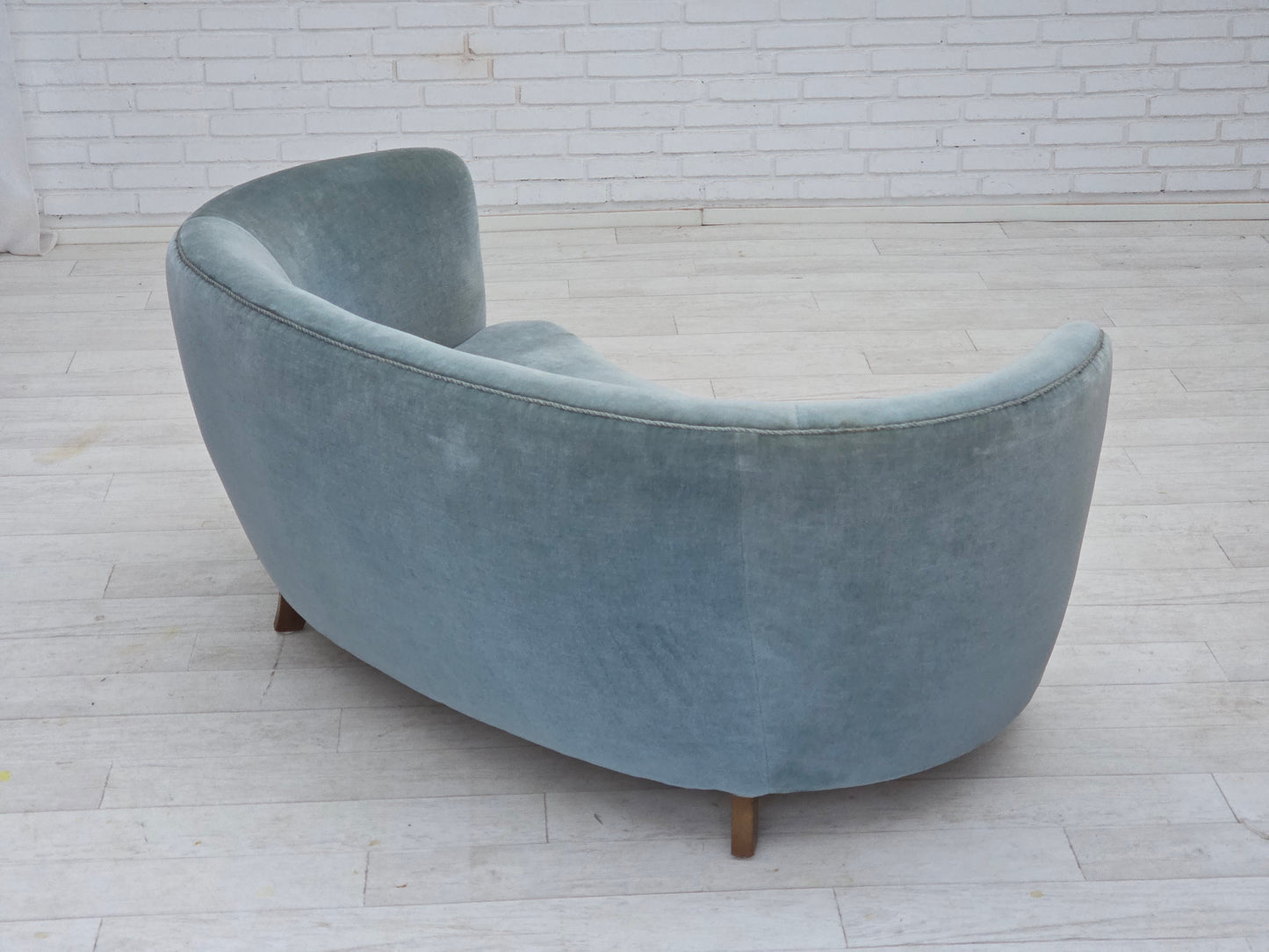 1970s, Danish 2-seater curved sofa, blue furniture velour.