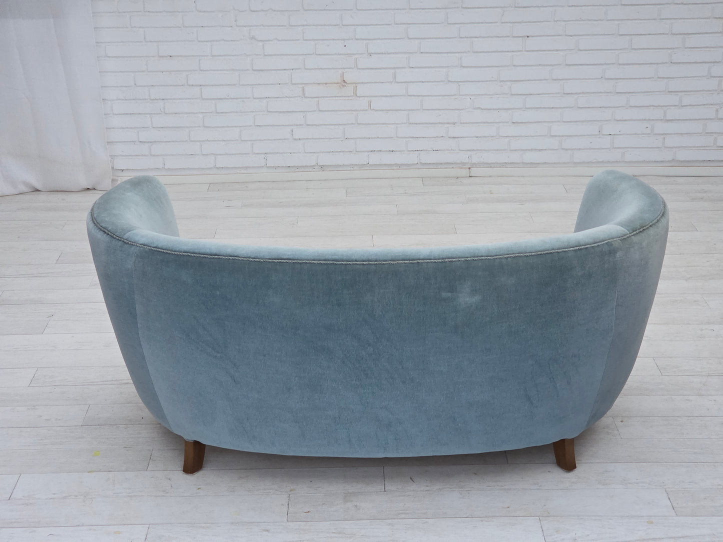 1970s, Danish 2-seater curved sofa, blue furniture velour.