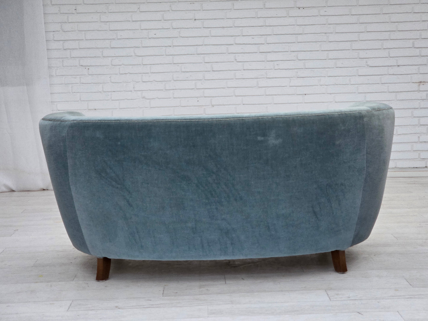 1970s, Danish 2-seater curved sofa, blue furniture velour.
