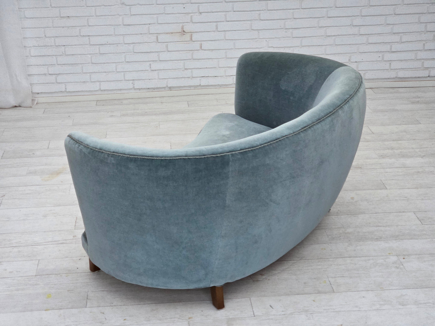 1970s, Danish 2-seater curved sofa, blue furniture velour.