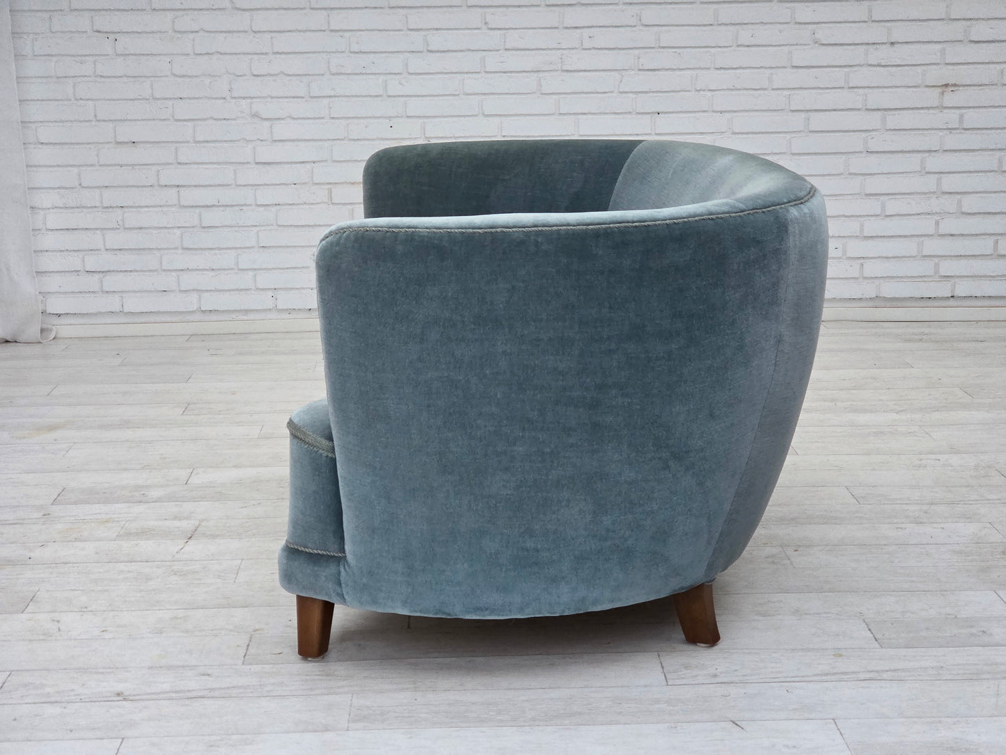 1970s, Danish 2-seater curved sofa, blue furniture velour.