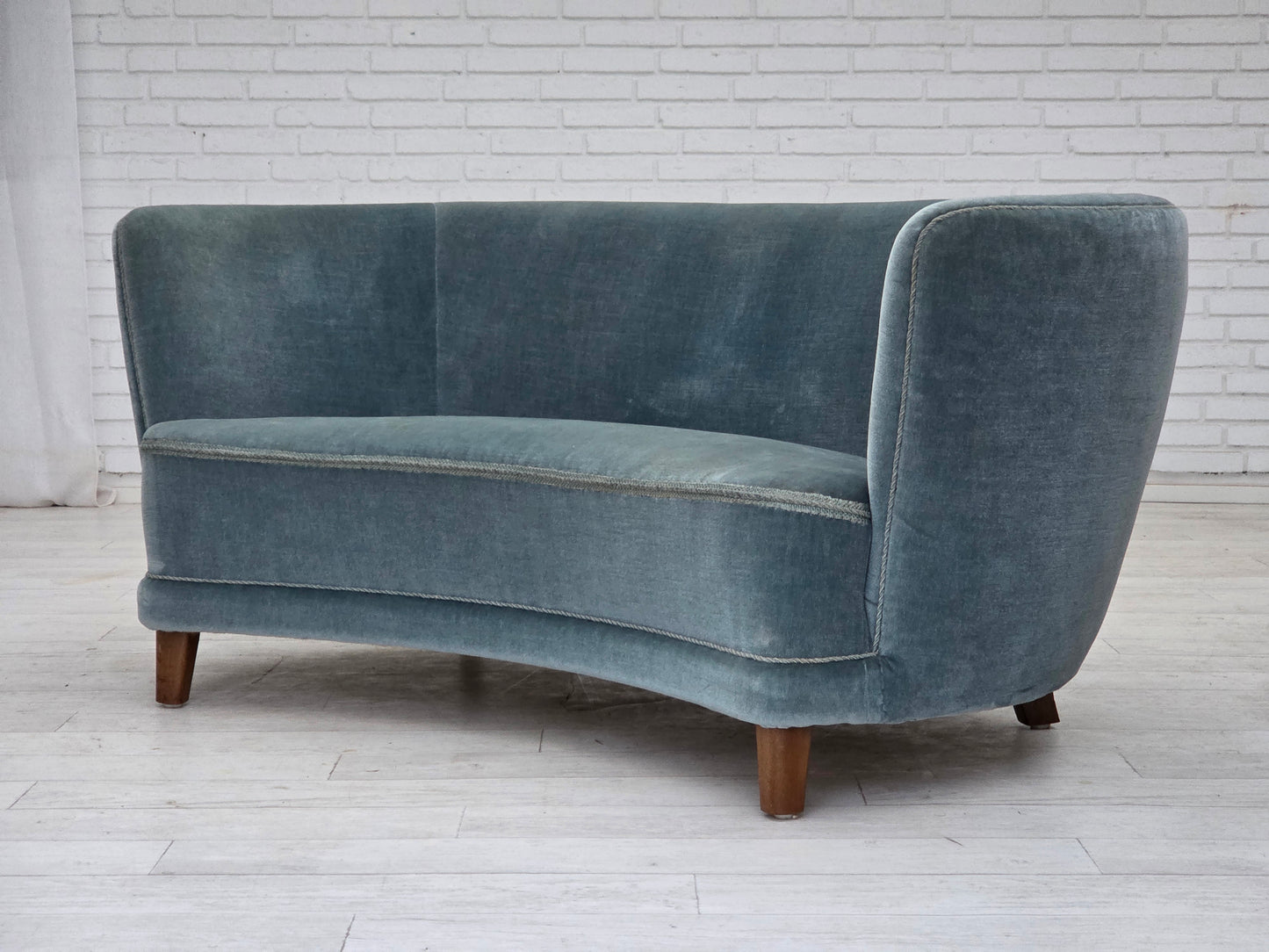 1970s, Danish 2-seater curved sofa, blue furniture velour.