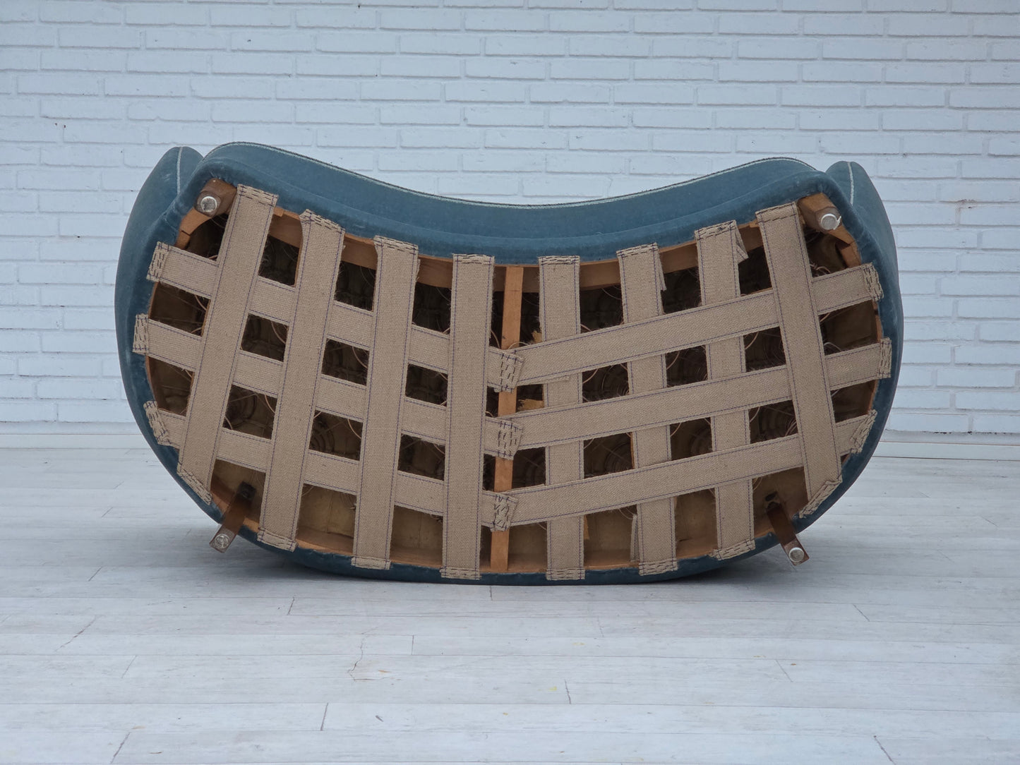 1970s, Danish 2-seater curved sofa, blue furniture velour.