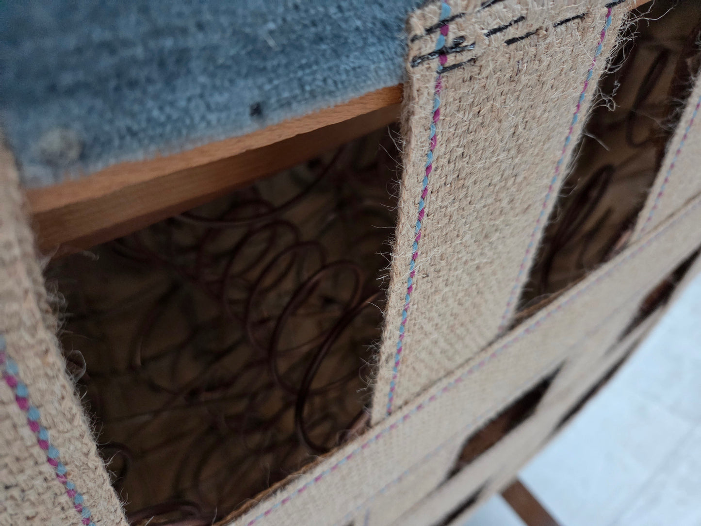 1970s, Danish 2-seater curved sofa, blue furniture velour.