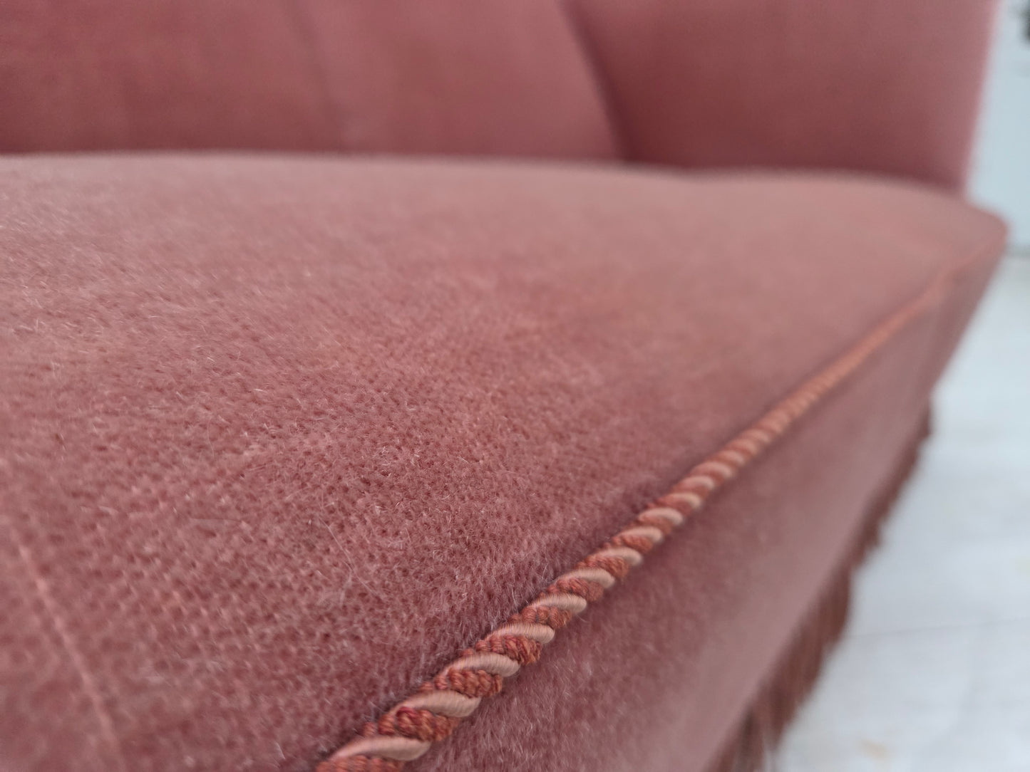 1970s, Danish 2-seater sofa, original salmon pink furniture velour.