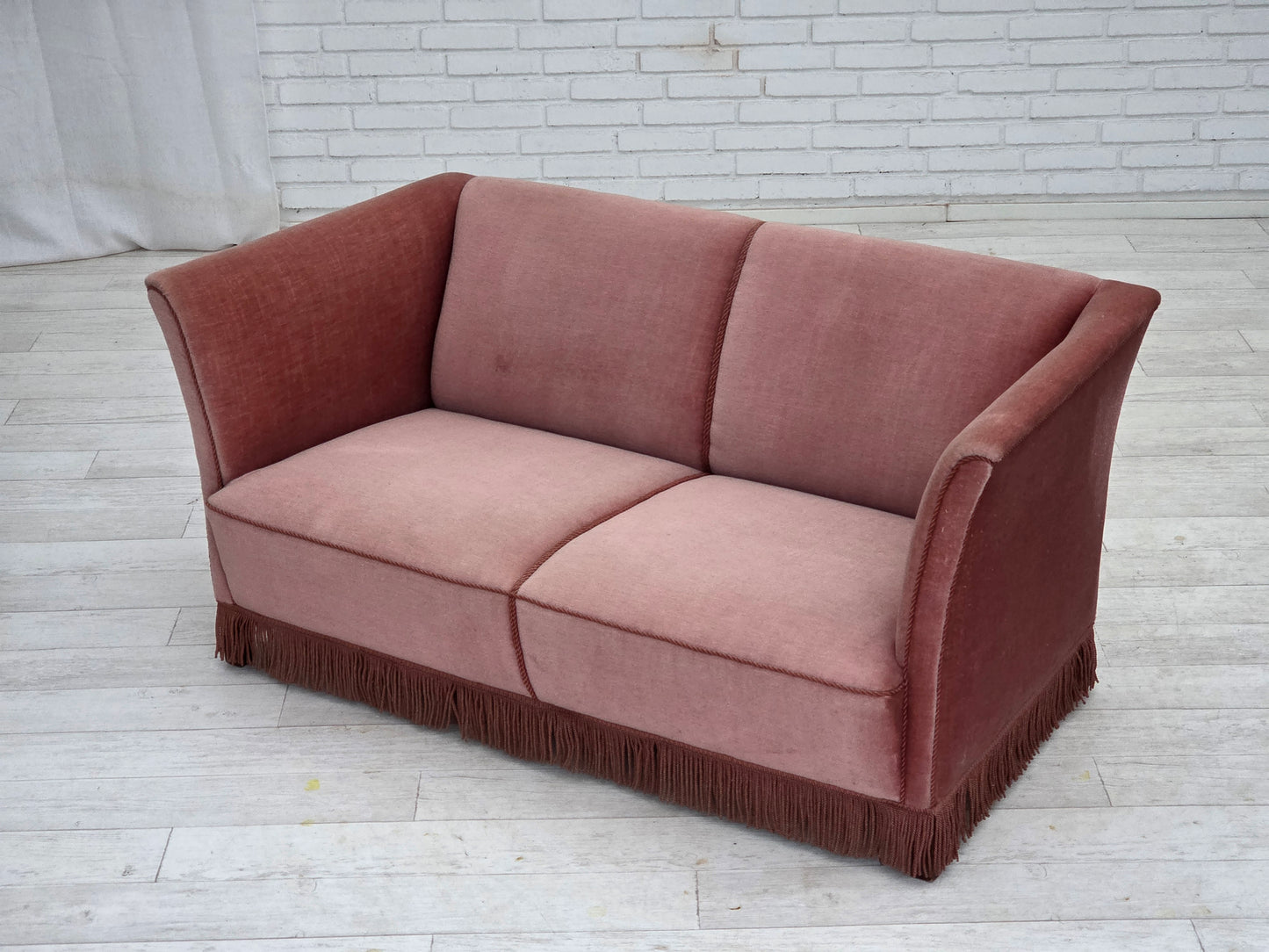 1970s, Danish 2-seater sofa, original salmon pink furniture velour.