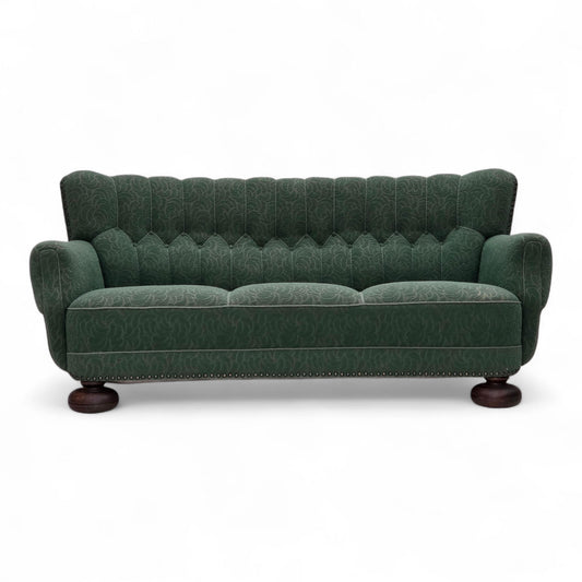 1960s, Danish 3-seater sofa, green furniture wool, oak wood.