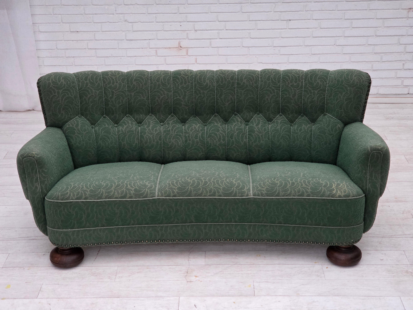 1960s, Danish 3-seater sofa, green furniture wool, oak wood.