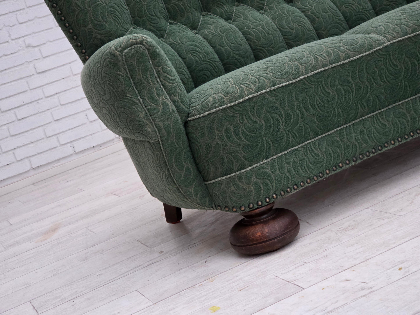 1960s, Danish 3-seater sofa, green furniture wool, oak wood.