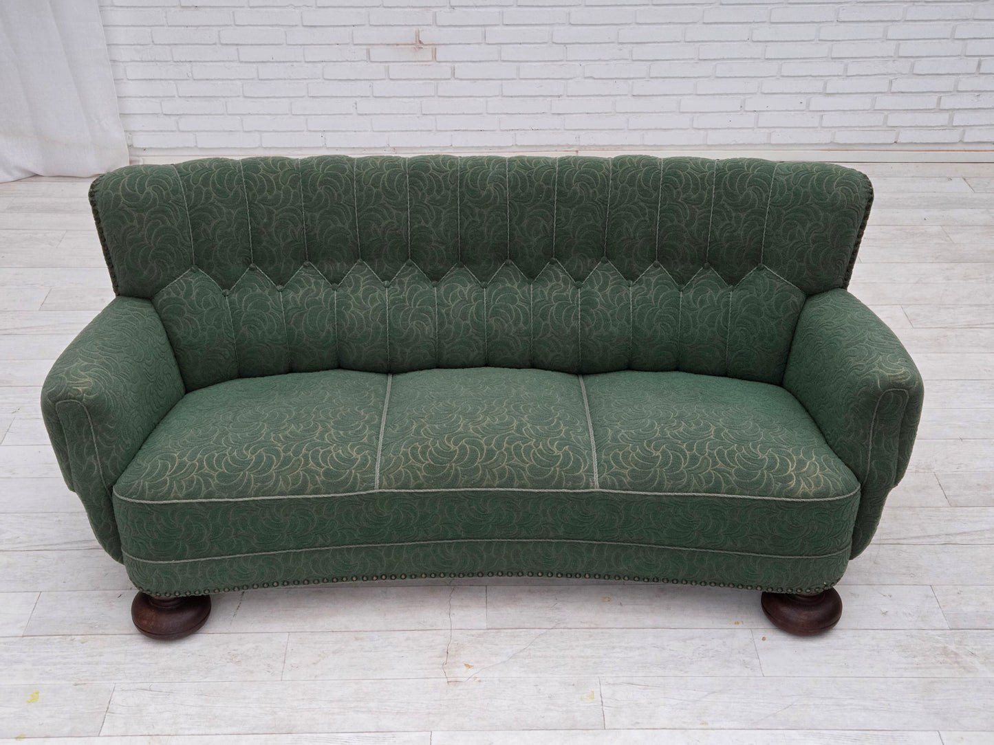 1960s, Danish 3-seater sofa, green furniture wool, oak wood.