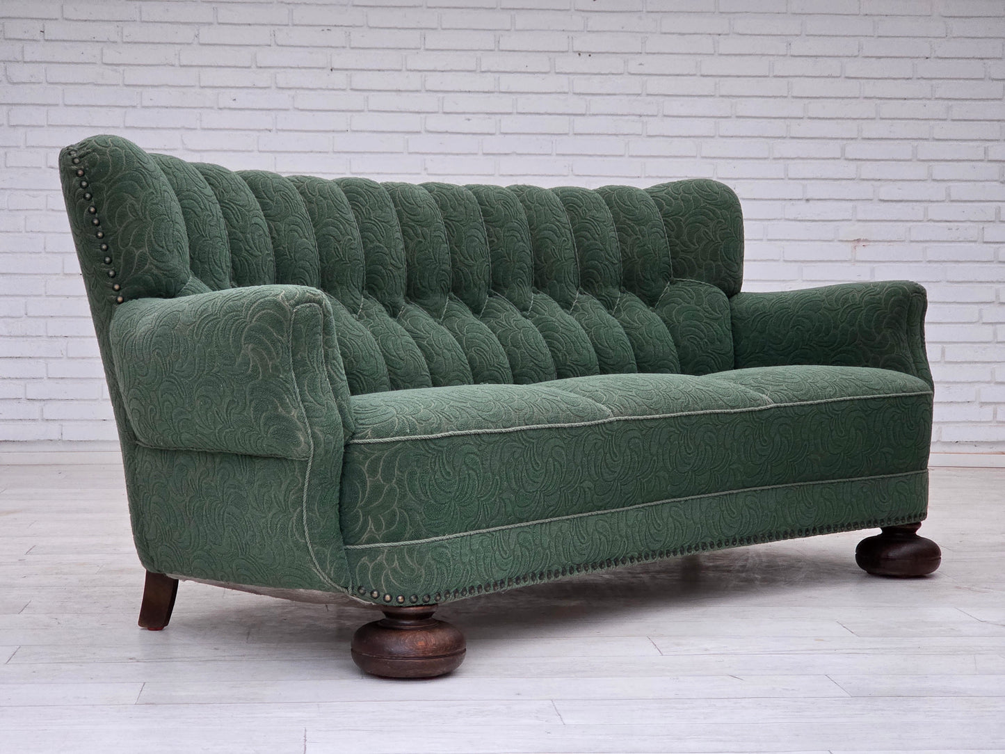 1960s, Danish 3-seater sofa, green furniture wool, oak wood.