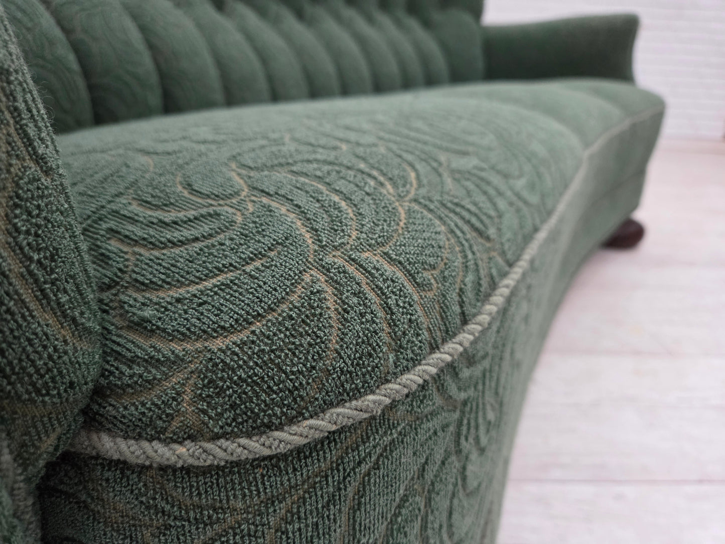1960s, Danish 3-seater sofa, green furniture wool, oak wood.