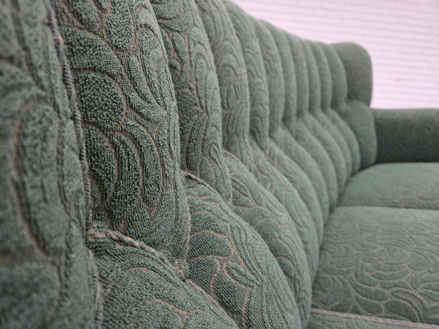 1960s, Danish 3-seater sofa, green furniture wool, oak wood.