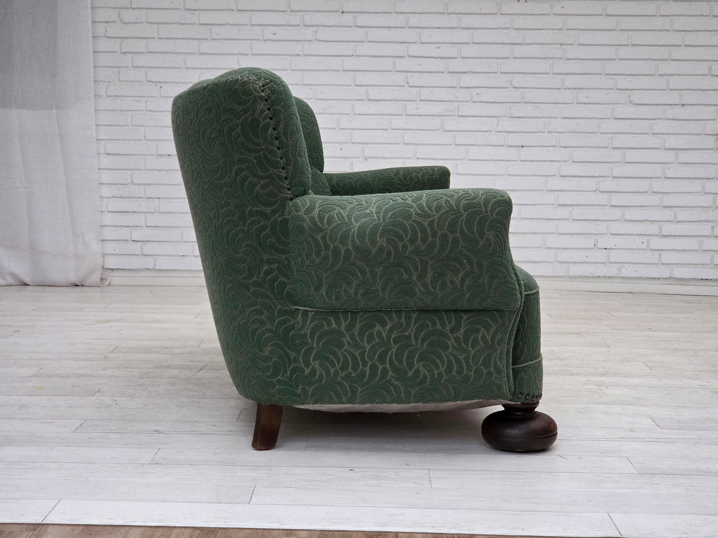 1960s, Danish 3-seater sofa, green furniture wool, oak wood.