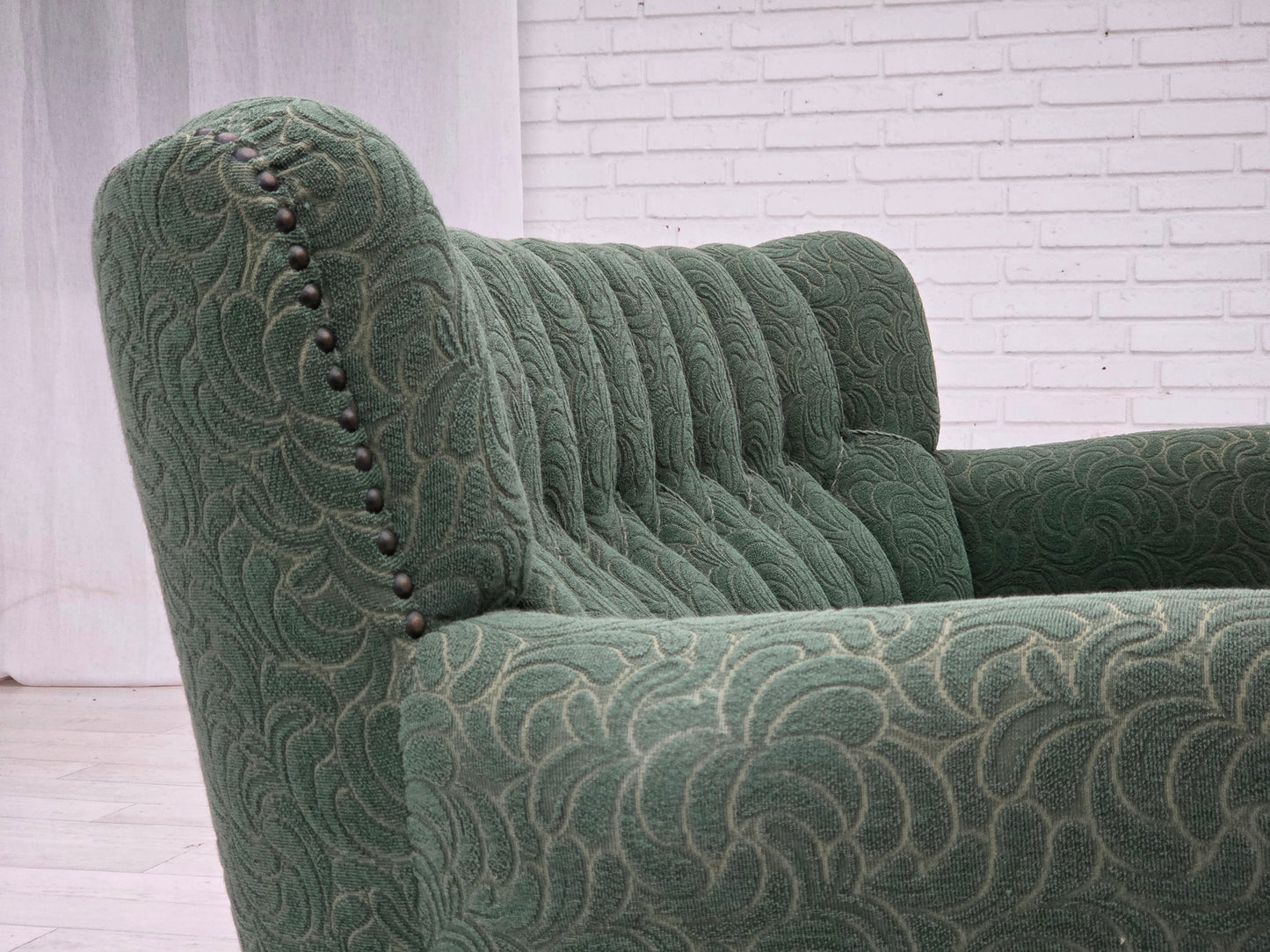 1960s, Danish 3-seater sofa, green furniture wool, oak wood.