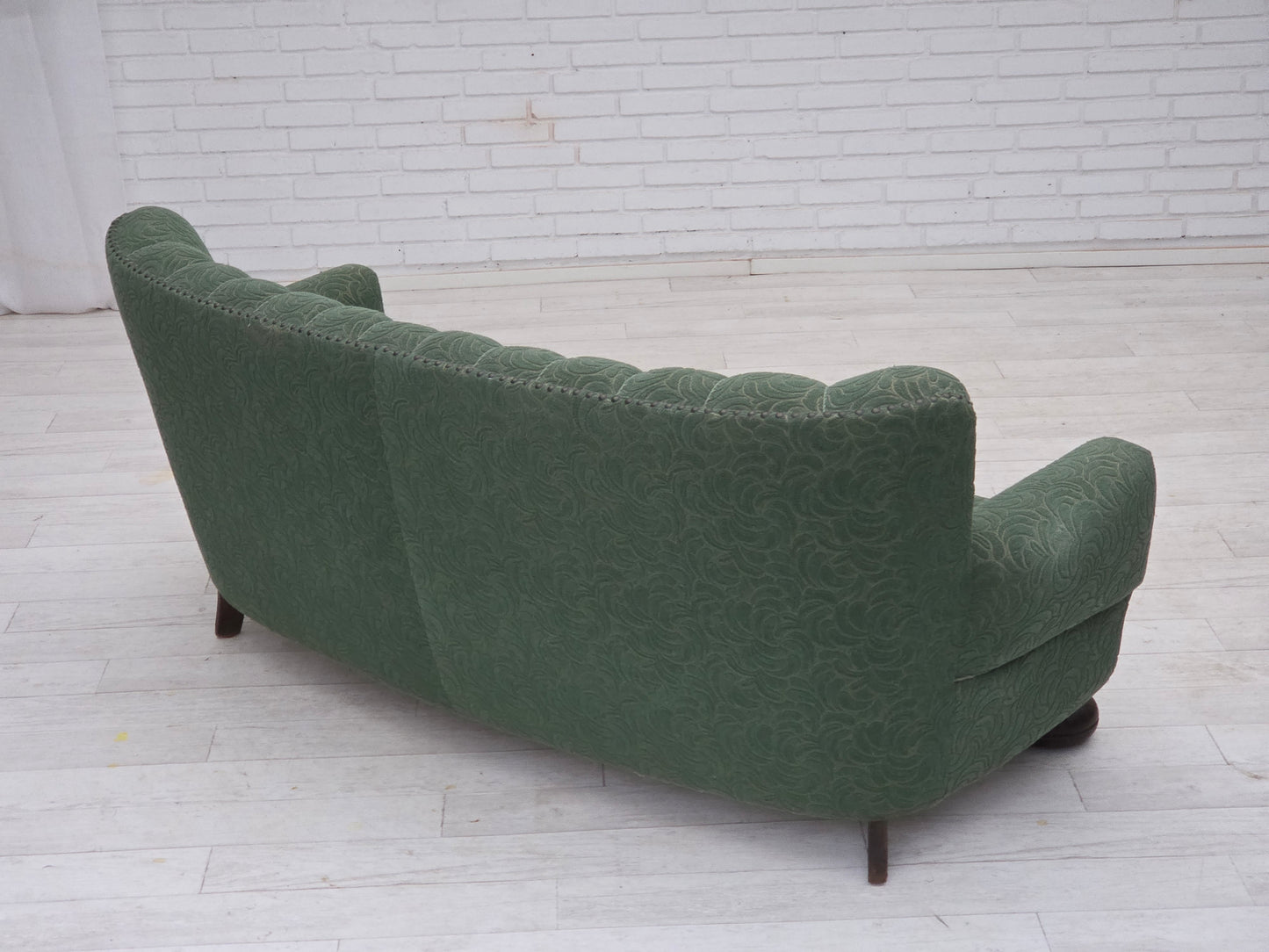 1960s, Danish 3-seater sofa, green furniture wool, oak wood.