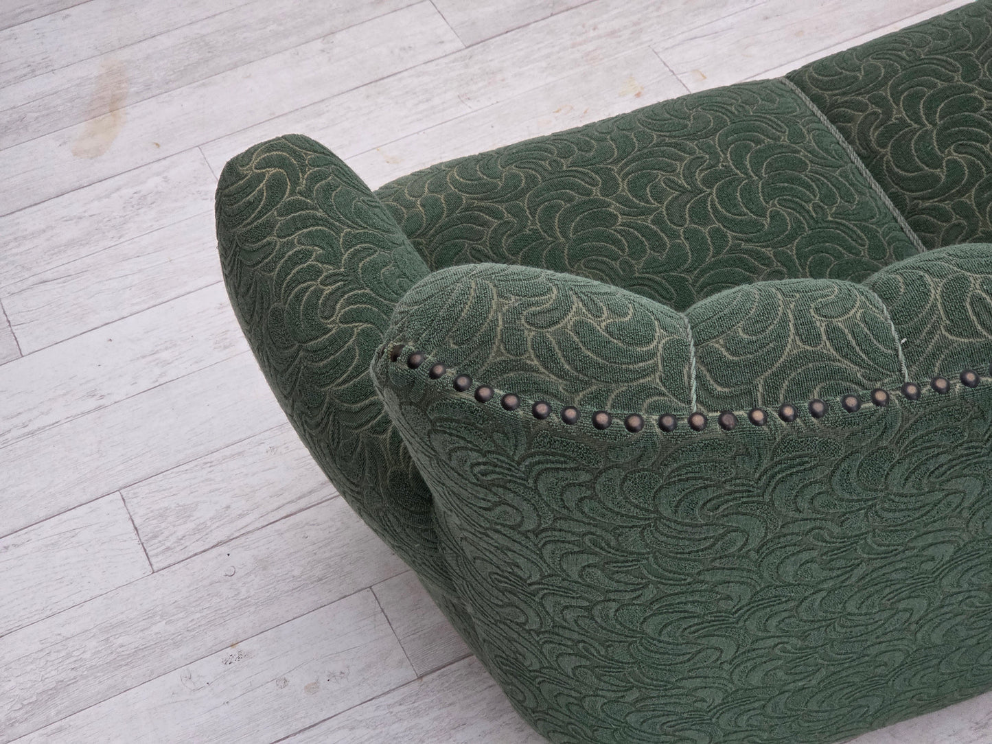 1960s, Danish 3-seater sofa, green furniture wool, oak wood.